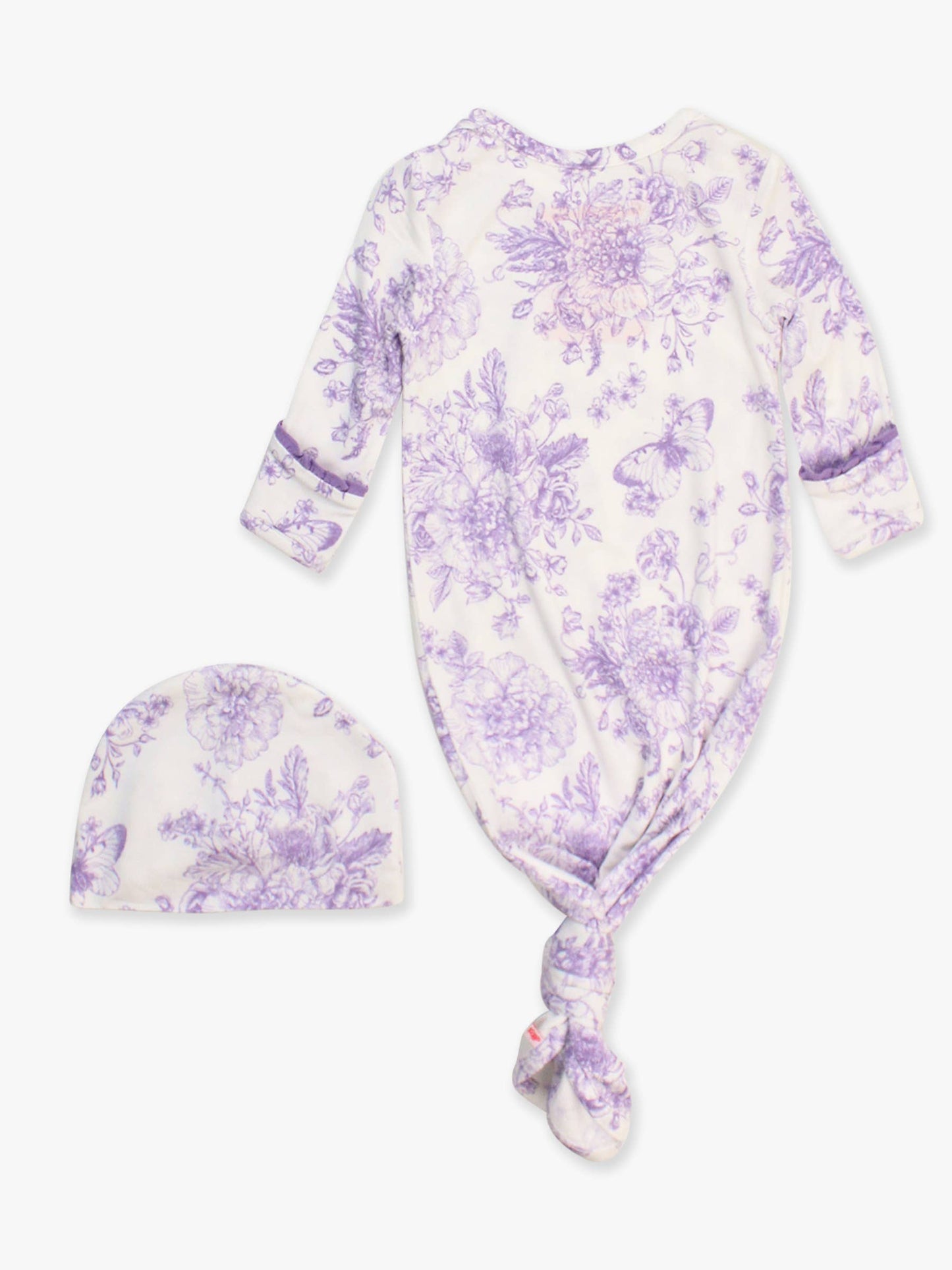 Wisteria Purple Butterfly Garden Toile Bamboo Viscose Ruffle Knotted Sleep Gown & Hat Set