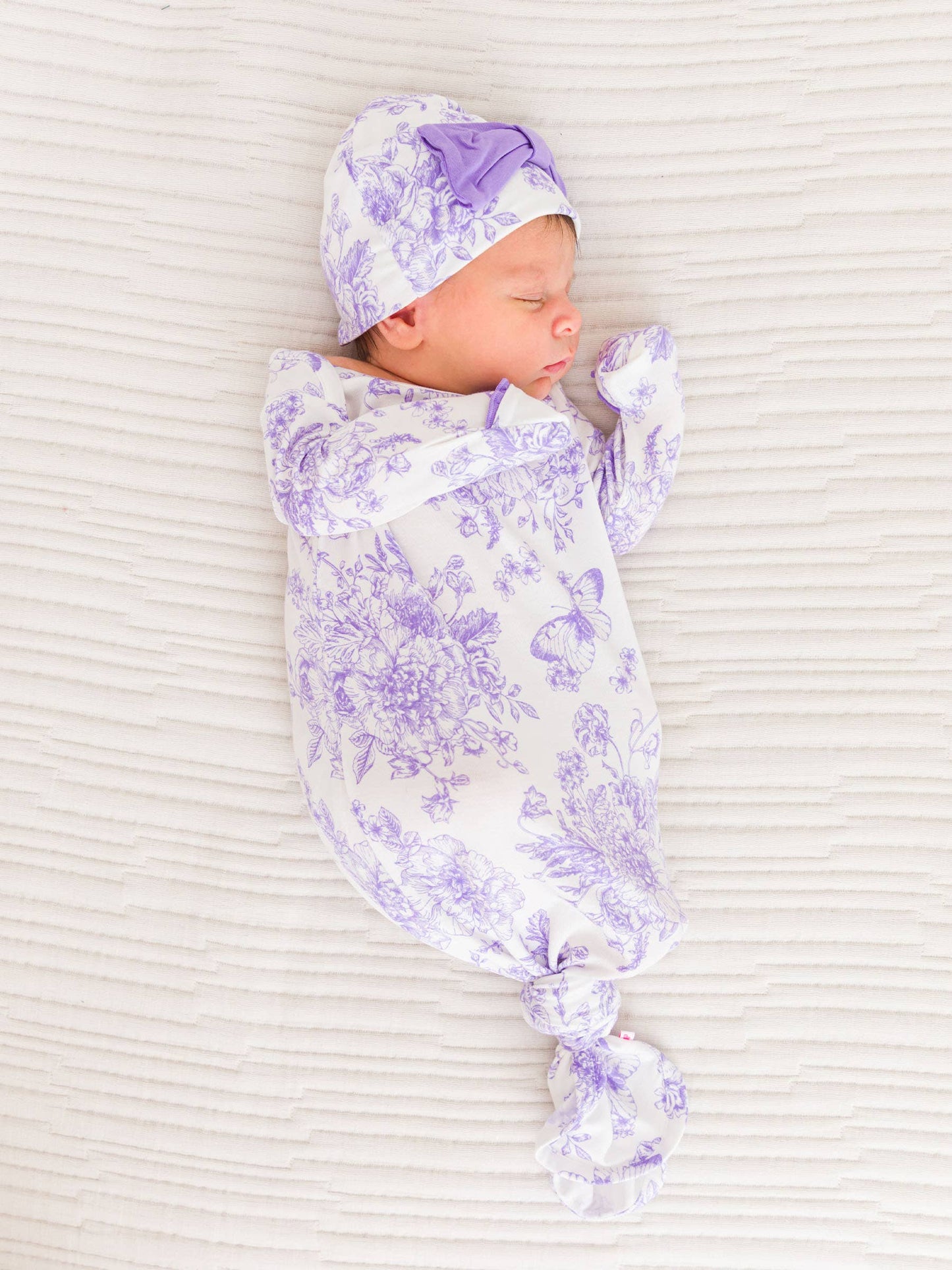 Wisteria Purple Butterfly Garden Toile Bamboo Viscose Ruffle Knotted Sleep Gown & Hat Set