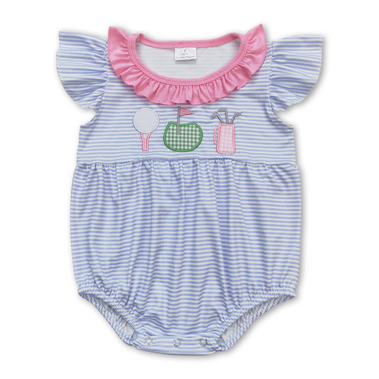 Blue and white striped romper with pink ruffle collar and golf appliqués 