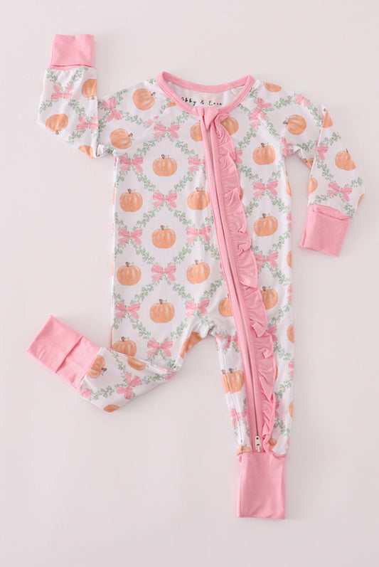 Pumpkin Vine Ruffle Zipper Pajamas -Pink