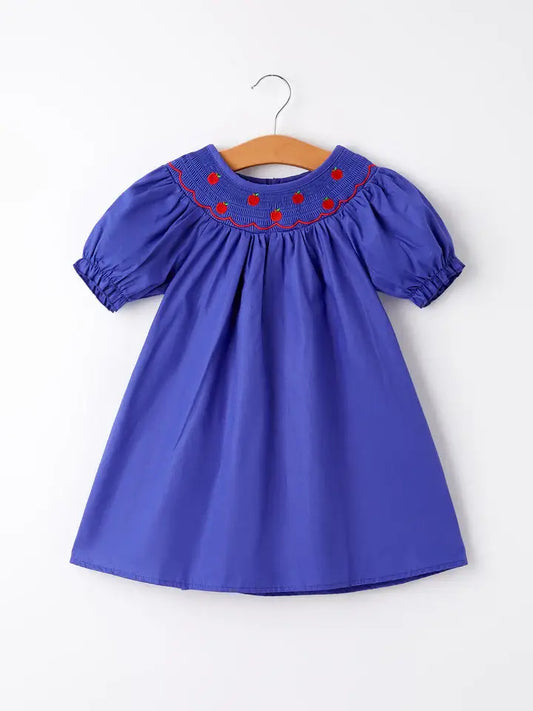 Back To School Apple Embroidery Blue Girls Dress