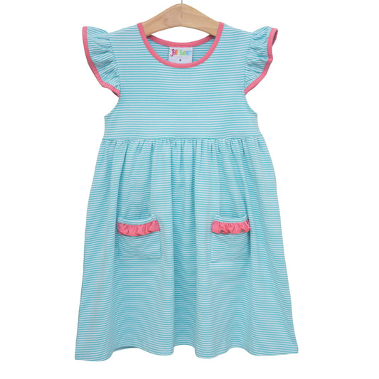 Mia Dress- Dark Mint Strip w/ Pink Trim