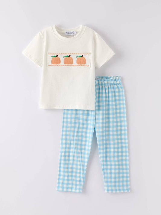 Gingham Pumpkin Smocked Pants Set - White