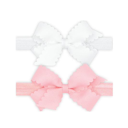 Two Mini Scalloped Grosgrain Hair Bows on Elastic Headbands