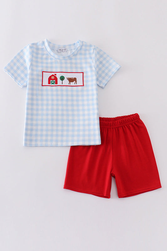 Glue gingham shirt with smocked bar tree and cow and red Shorts