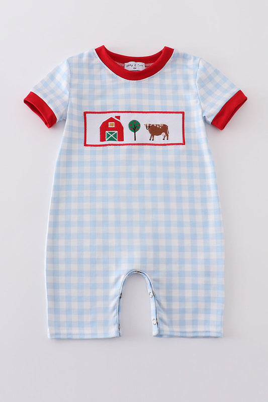 Blue gingham romper with smocked barn tree and cow