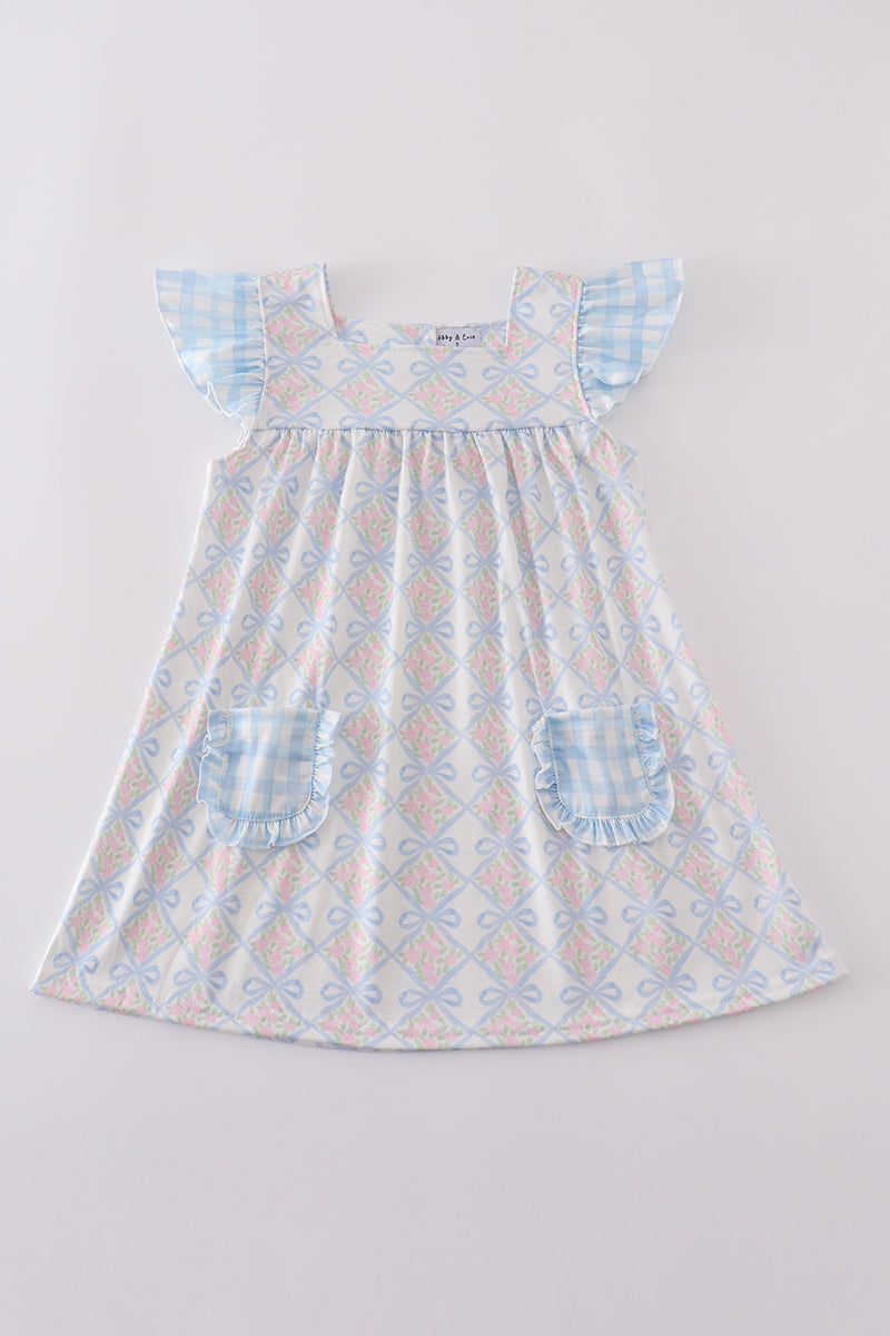 White Dress with Pink Flowers and Blue Bows