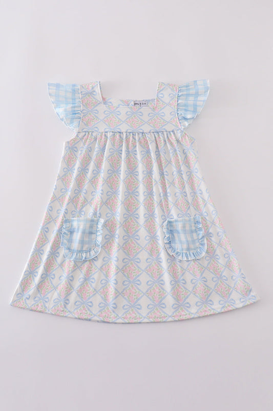 White Dress with Pink Flowers and Blue Bows