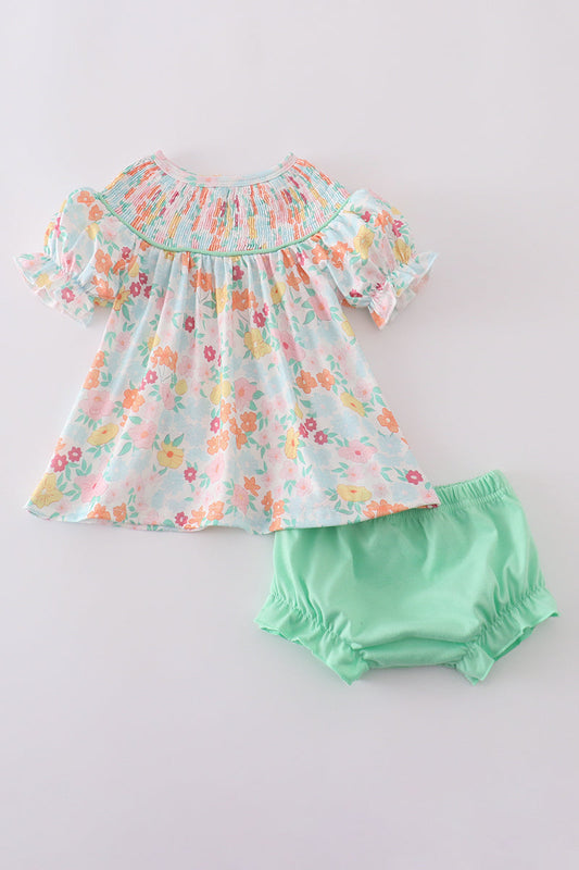 Smocked spring flowers top with green ruffle bloomers