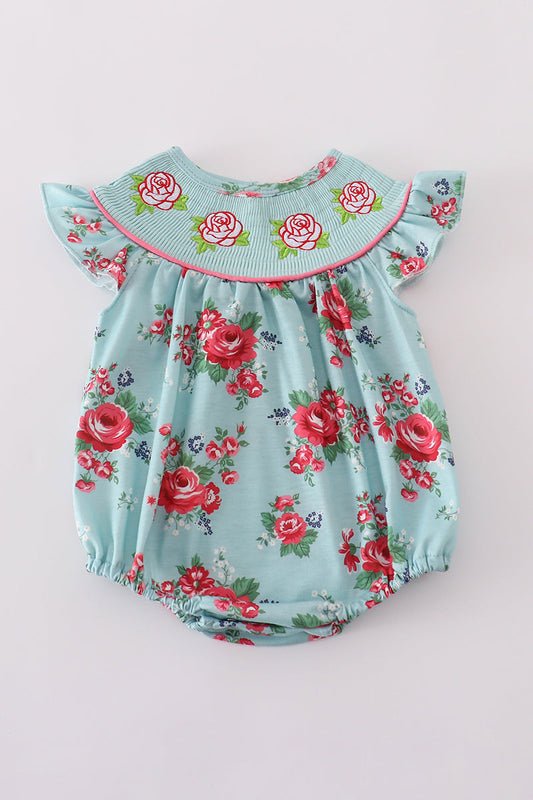 Blue smocked bubble with roses