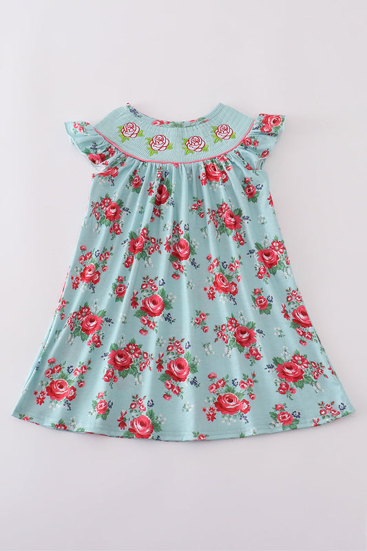 Smocked blue dress with roses