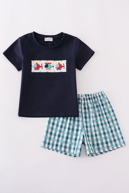 Navy shirt with smocked helicopters and gingham shorts