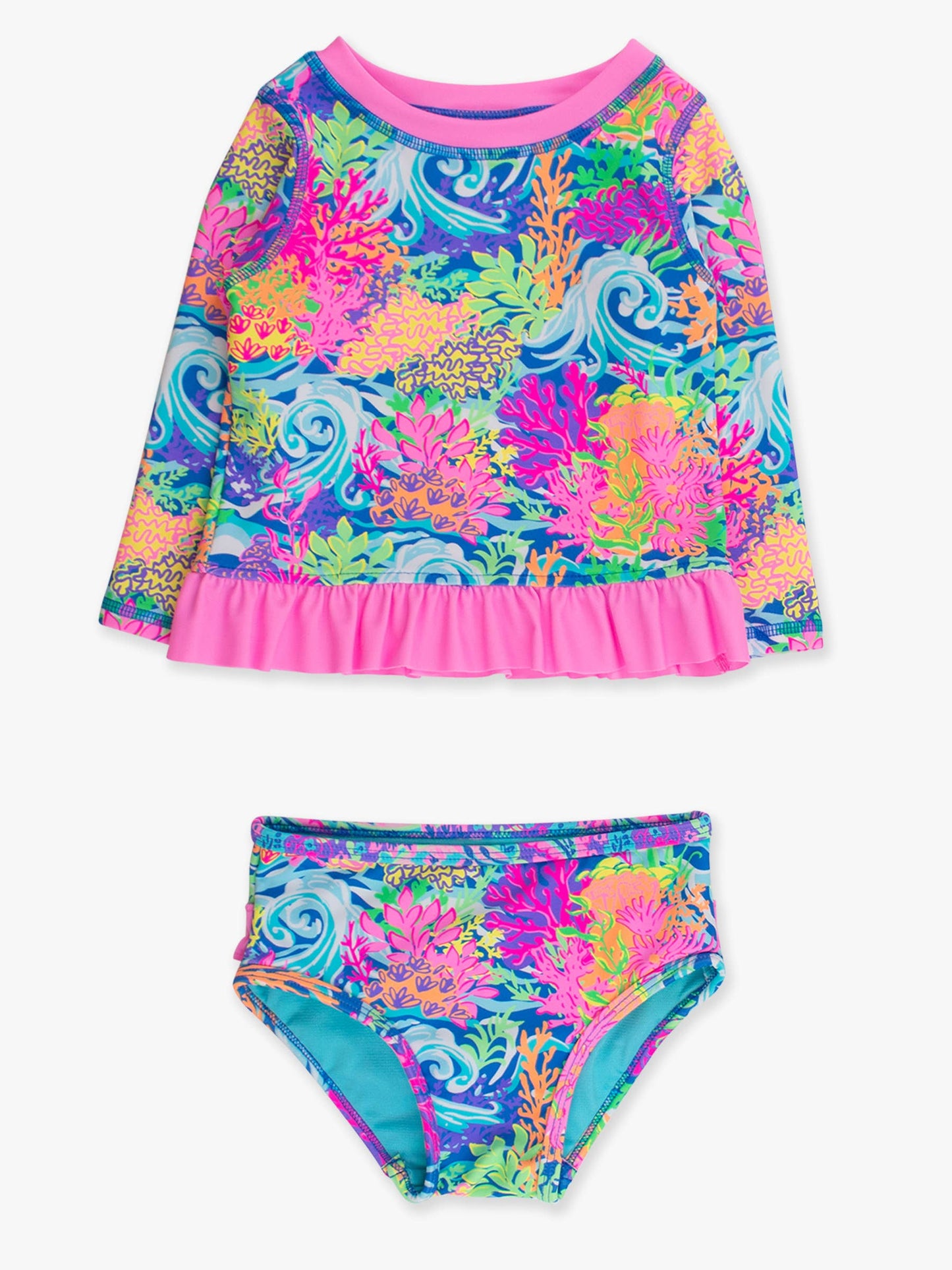 Neon Ocean Coral Ruffle Rash Guard 2 piece