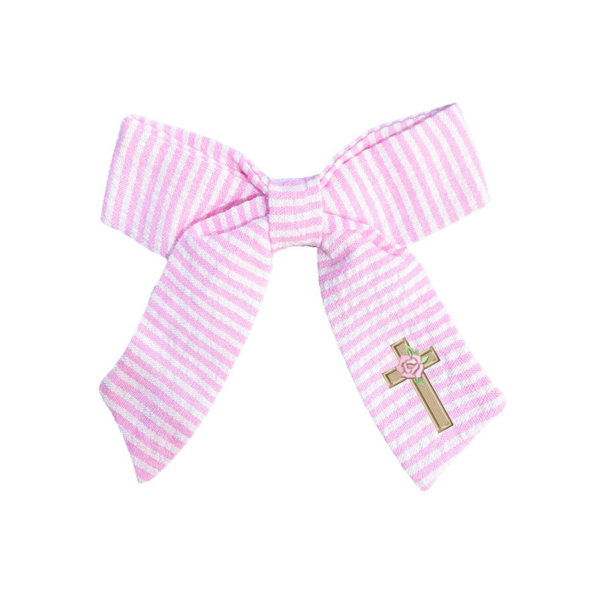 Pink seersucker bow with cross