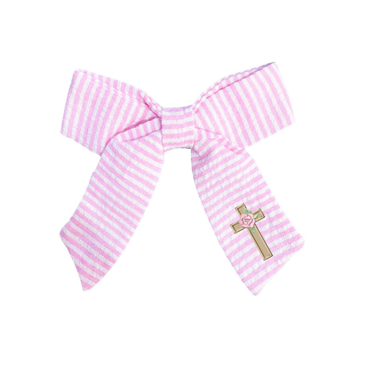 Pink seersucker bow with cross