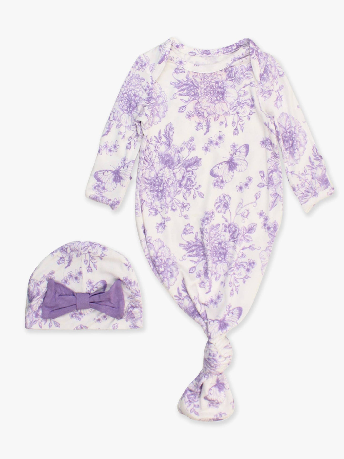 Wisteria Purple Butterfly Garden Toile Bamboo Viscose Ruffle Knotted Sleep Gown & Hat Set