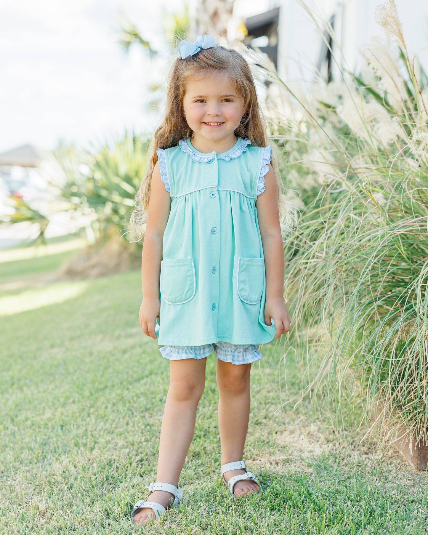 Harper Bloomer Set - Mint w/ Light Blue Gingham