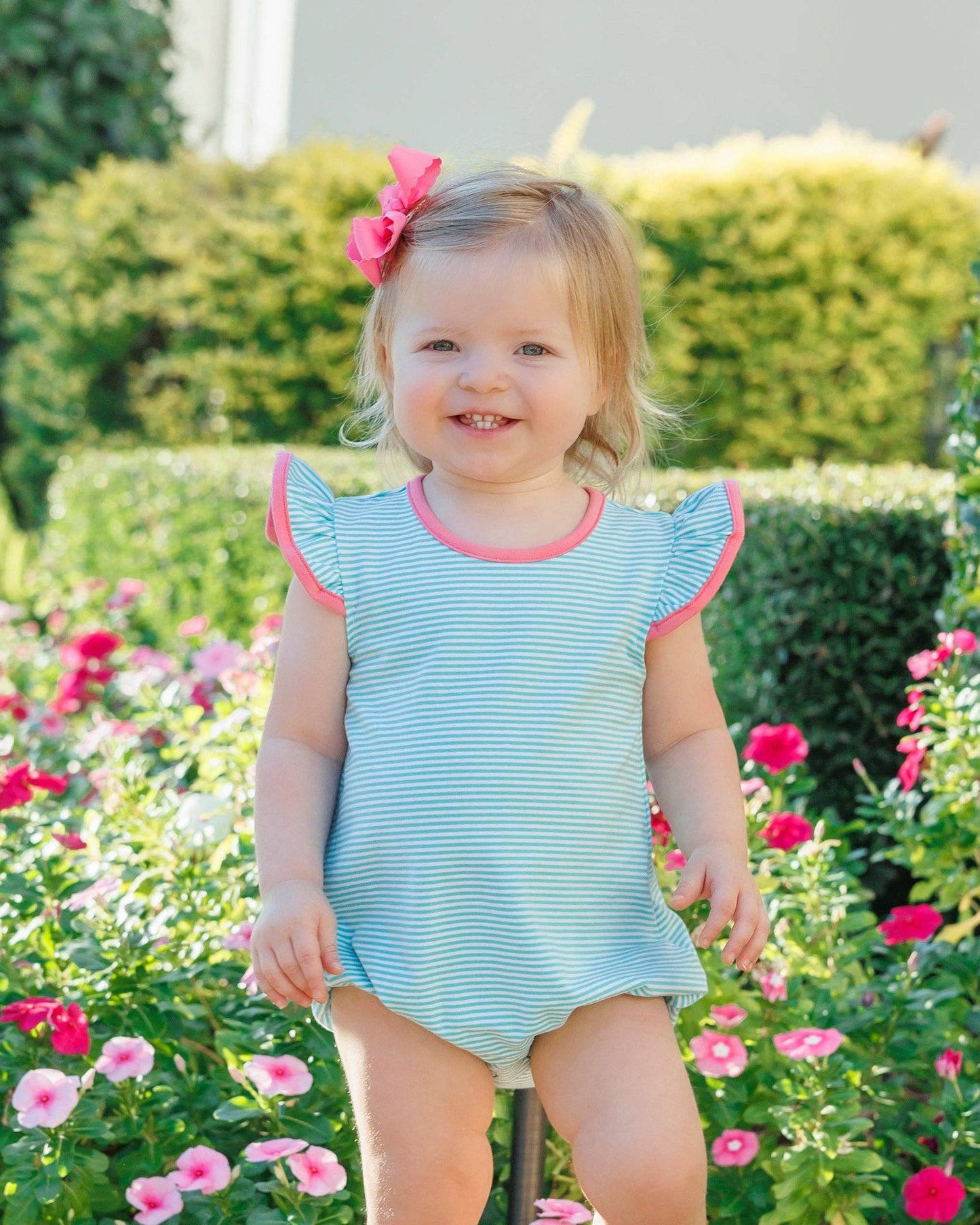 Mia Bubble- Dark Mint Stripe w/ Pink Trim