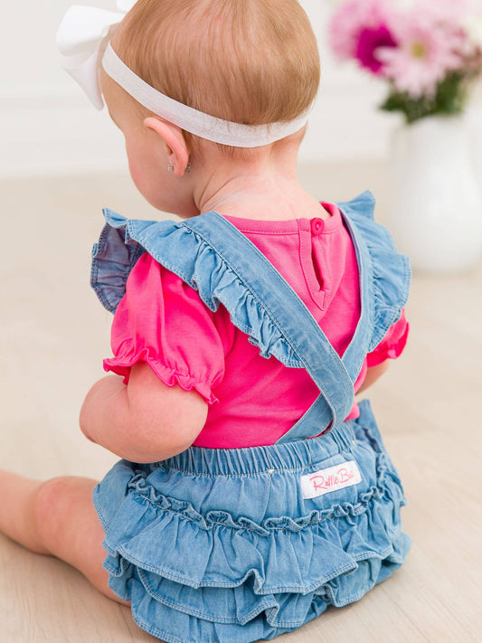 Baby Girls Light Wash Denim Flutter Overall Romper: Denim
