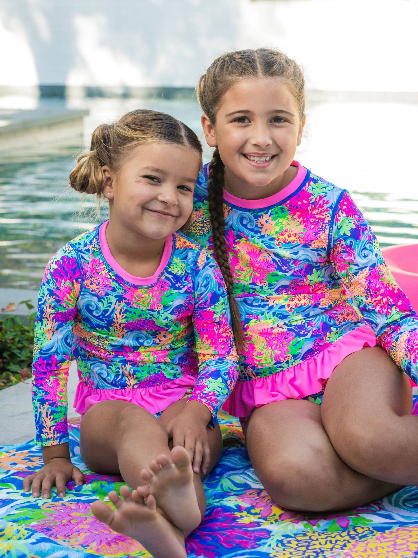 Neon Ocean Coral Ruffle Rash Guard 2 piece
