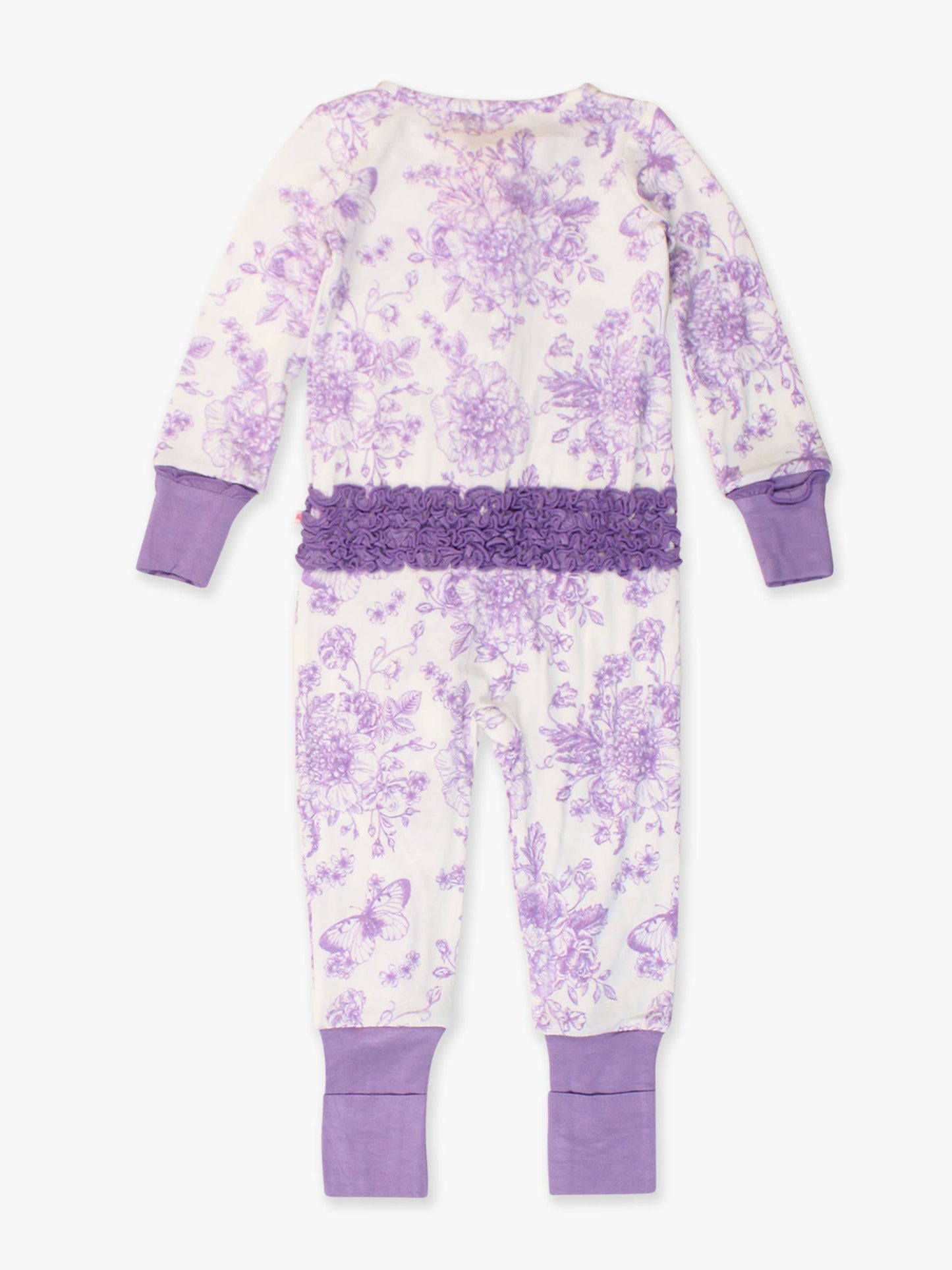 Wisteria Purple Butterfly Garden Toile Bamboo Viscose Convertible Ruffle One Piece Footie Pajama