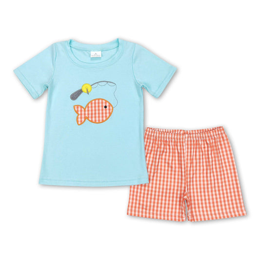 Blue shirt with fish and fishing pole and orange gingham shorts