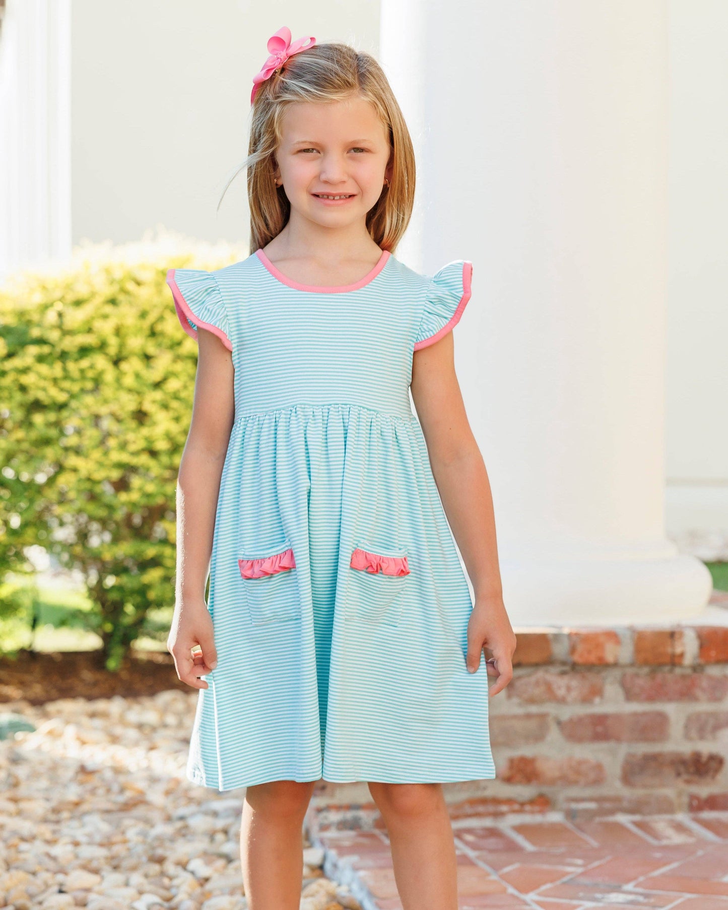 Mia Dress- Dark Mint Strip w/ Pink Trim