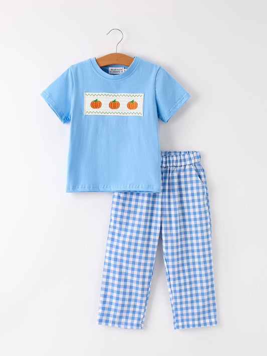 Gingham Pumpkin Smocked Pants Set -  Blue