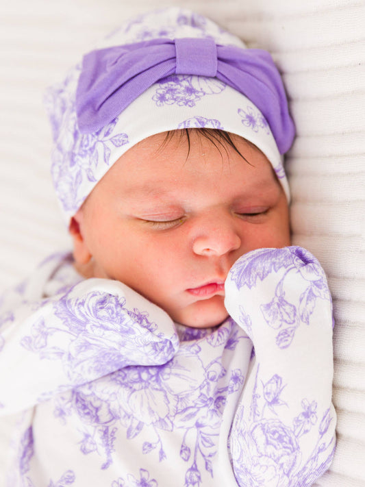 Wisteria Purple Butterfly Garden Toile Bamboo Viscose Ruffle Knotted Sleep Gown & Hat Set