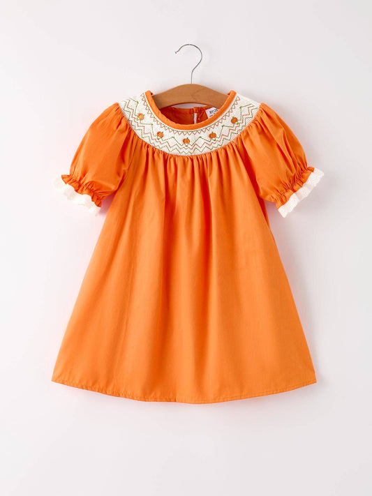 Smocked Pumpkin Bishop Dress - Orange