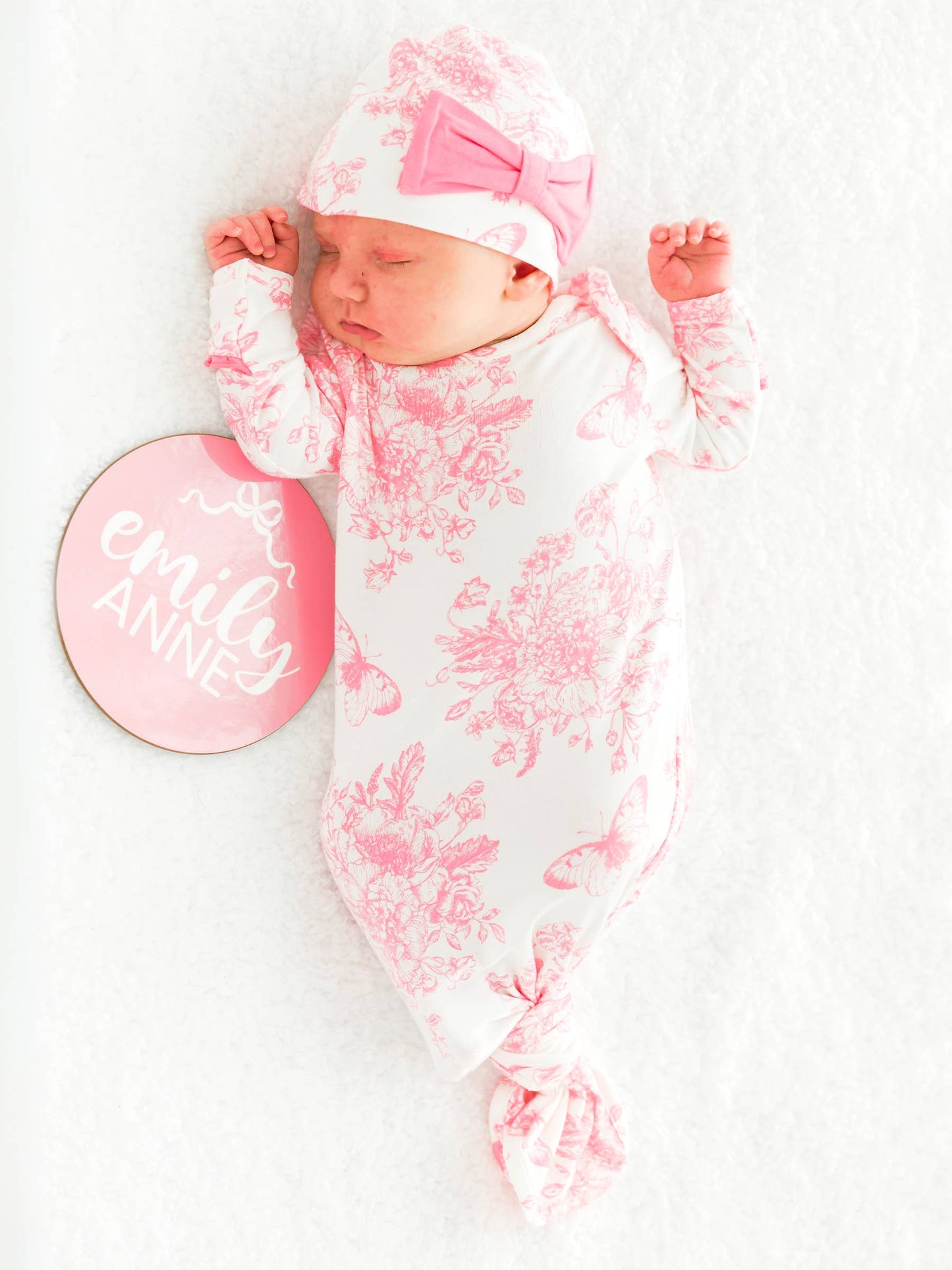 Baby Girls Bubblegum Pink Butterfly Toile Bamboo Viscose Ruffle Knotted Sleep Gown & Hat Set