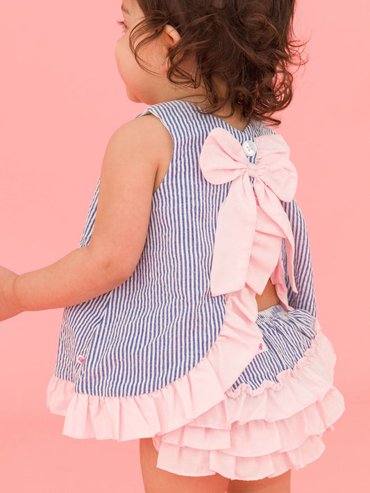 Baby Girls Seersucker Ruffle Top and Bloomer Set: Blue