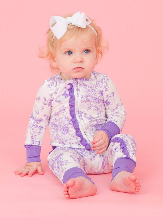 Wisteria Purple Butterfly Garden Toile Bamboo Viscose Convertible Ruffle One Piece Footie Pajama
