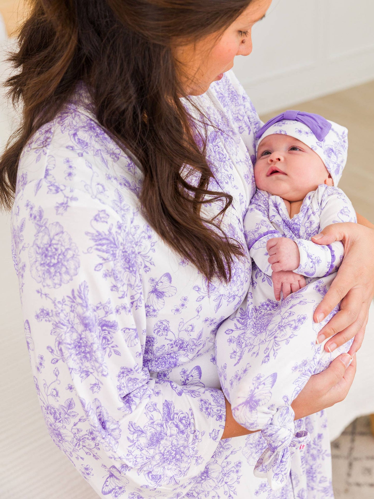 Wisteria Purple Butterfly Garden Toile Bamboo Viscose Ruffle Knotted Sleep Gown & Hat Set