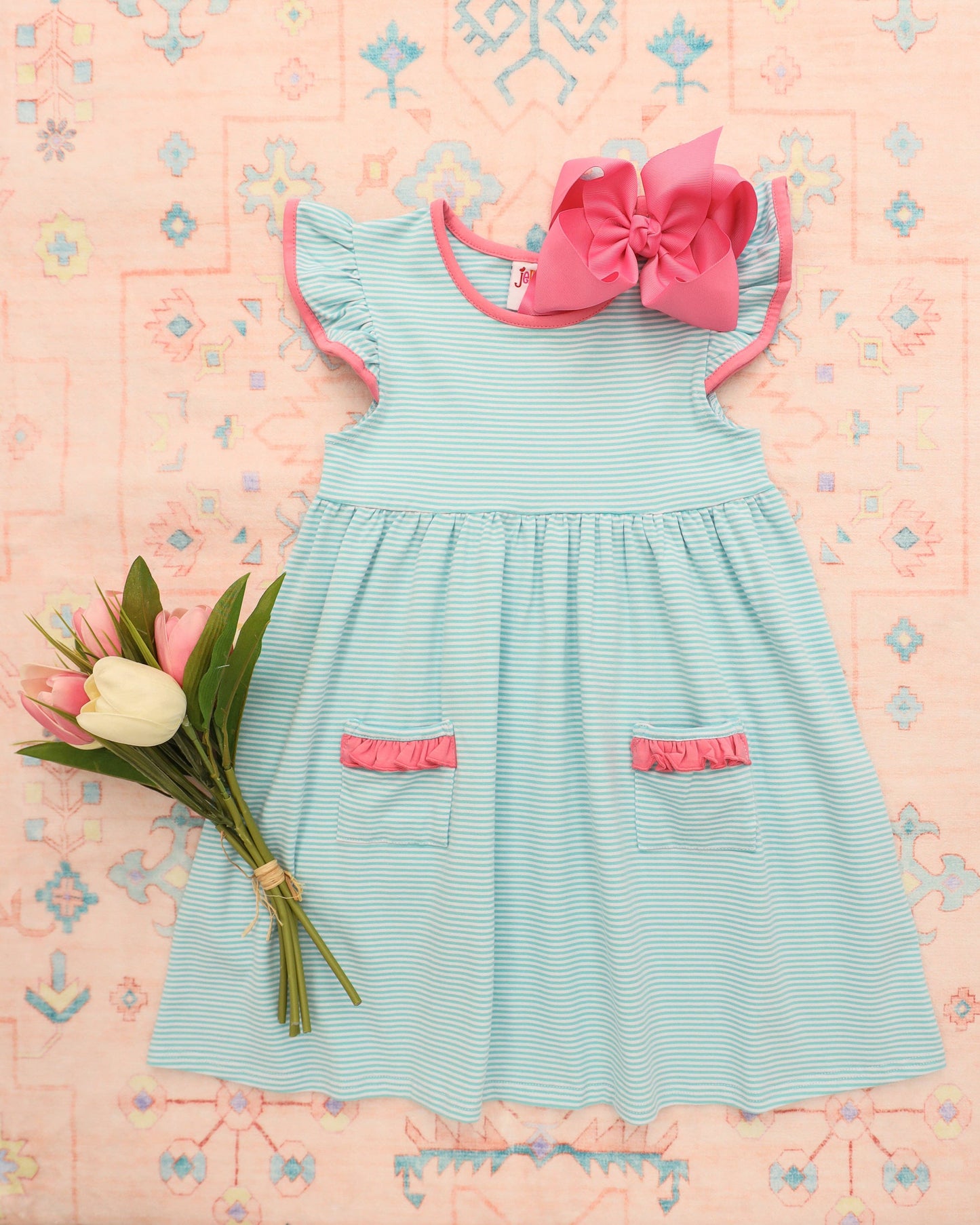Mia Dress- Dark Mint Strip w/ Pink Trim