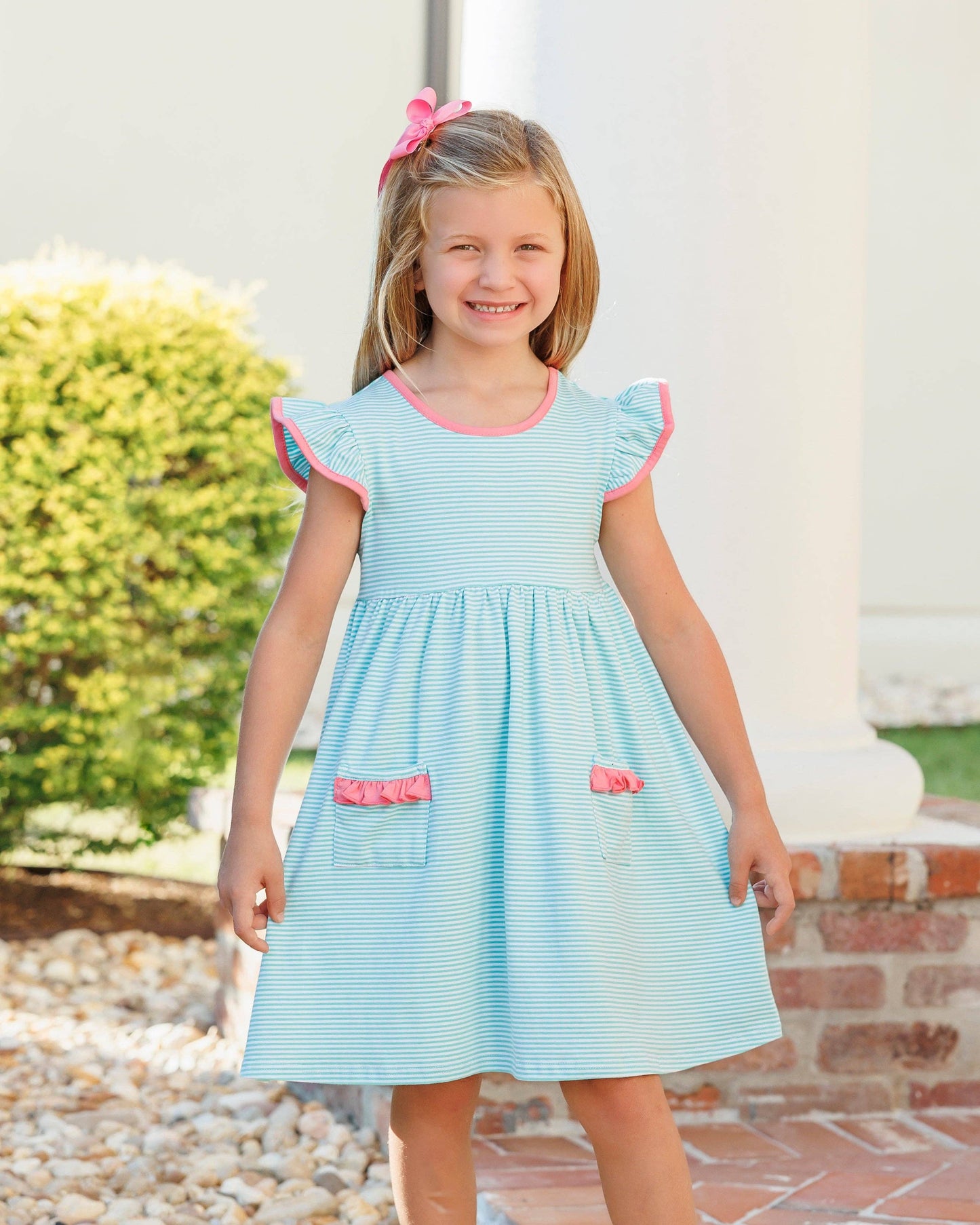Mia Dress- Dark Mint Strip w/ Pink Trim