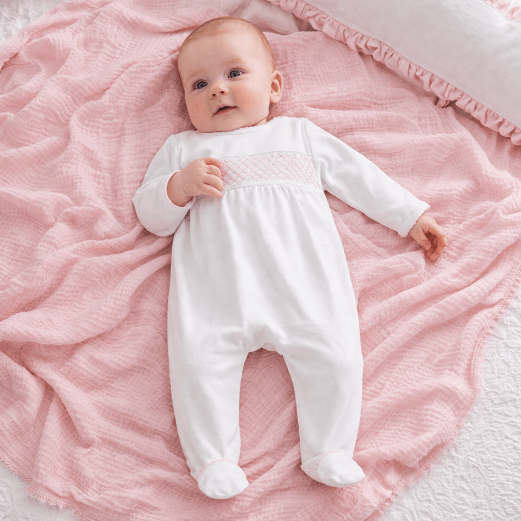 White Smocked Footie – Pink Trim