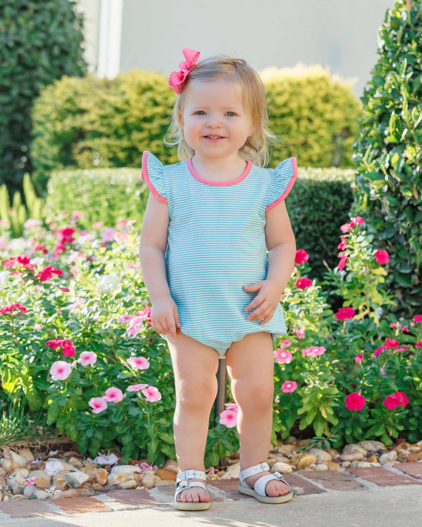 Mia Bubble- Dark Mint Stripe w/ Pink Trim