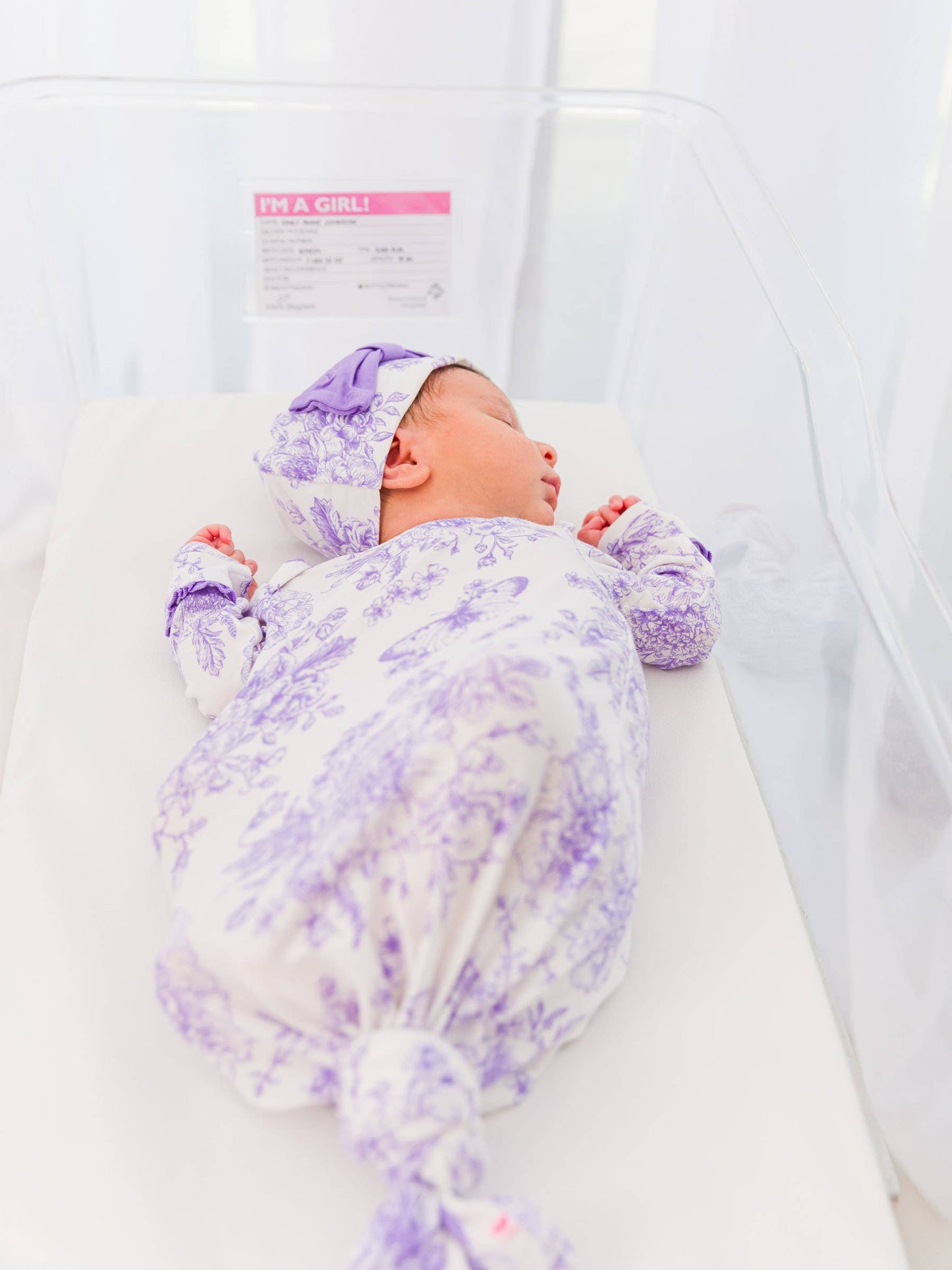 Wisteria Purple Butterfly Garden Toile Bamboo Viscose Ruffle Knotted Sleep Gown & Hat Set