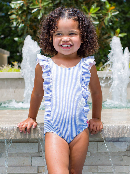 Girls Periwinkle Blue Seersucker Waterfall One Piece: