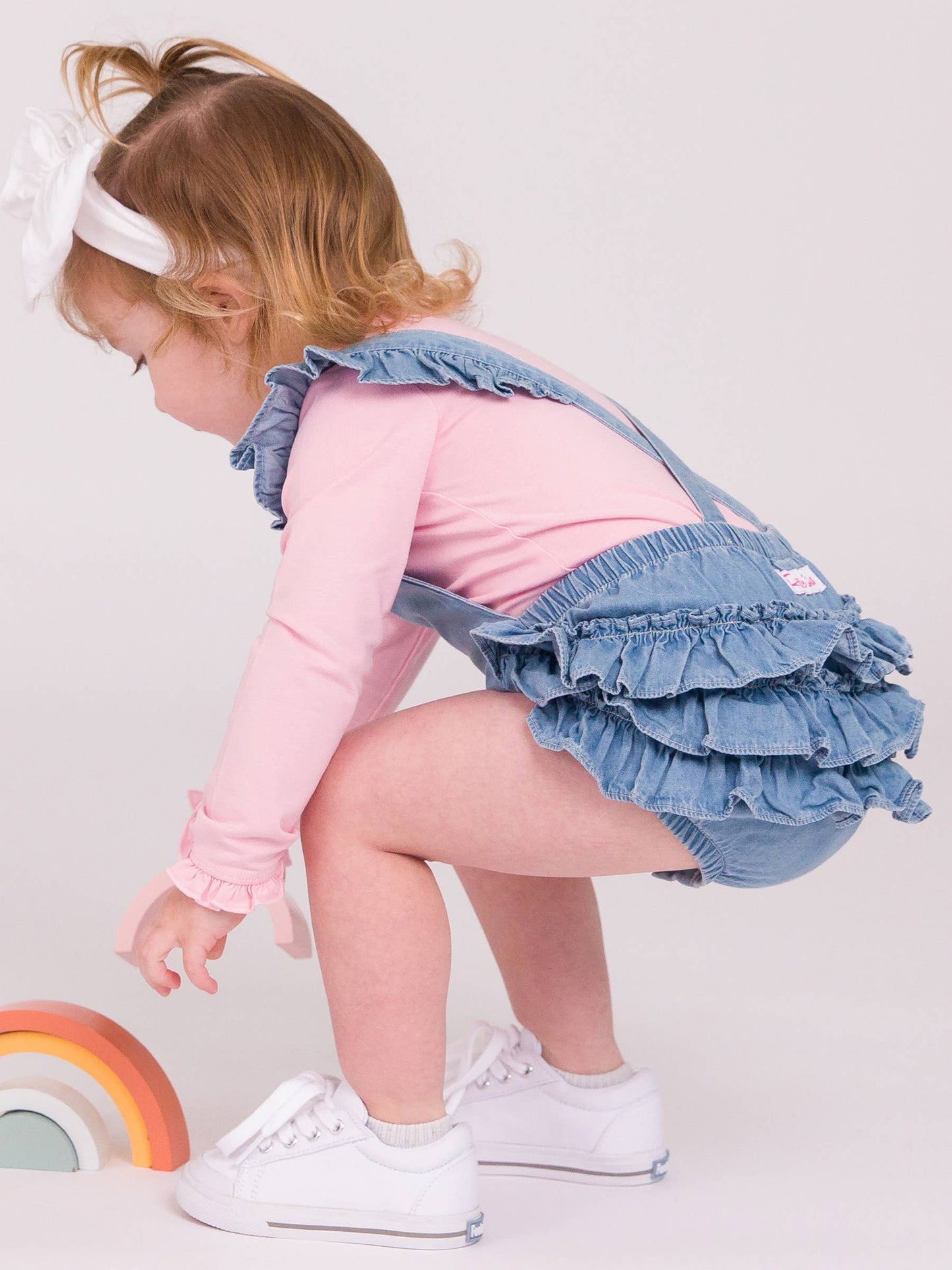 Baby Girls Light Wash Denim Flutter Overall Romper: Denim